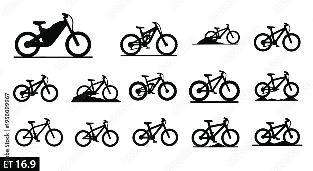 Fototapeta premium Bicycle vector icon collection shows variety of bike types including mountain bikes, road bikes, and electric bikes, suitable for sports, recreation, and outdoor activity designs