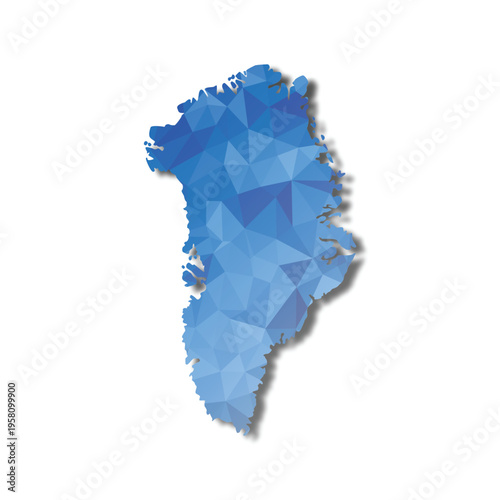 Blue Low Poly Geometric Map of Greenland with Drop Shadow on White Background