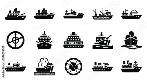 Icebreaker ship vector icons showing various designs of polar vessels, including front views, side views, and conceptual designs for exploration and arctic navigation