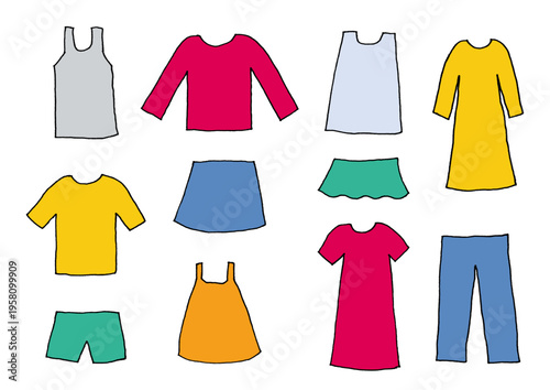 Tシャツやズボンなどの衣類のカラフルでシンプルな手描きイラストセット（主線あり）