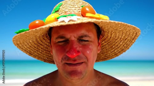 Humorous man with sunburnt red nose wearing straw hat on beach