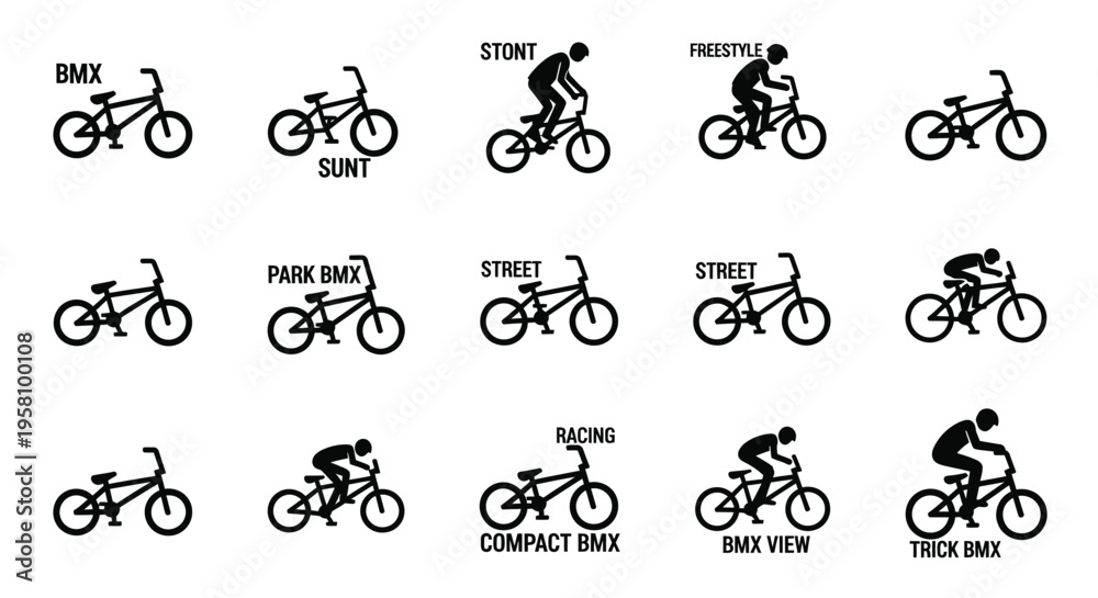 Obraz premium Bmx freestyle bicycle icons showcasing stunt riders in action poses for street and park performances including racing and compact view silhouettes for sports apparel and digital interface design work