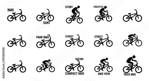 Bmx freestyle bicycle icons showcasing stunt riders in action poses for street and park performances including racing and compact view silhouettes for sports apparel and digital interface design work