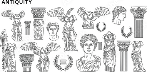 Large collection of ancient Greek and Roman line art icons featuring marble statues classical columns Nike of Samothrace and mythology symbols for history and art design.