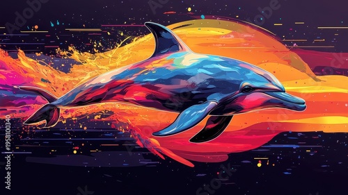 A stylized dolphin illustration, highlighting unique shapes and bold colors to create a modern and visually striking appearance.