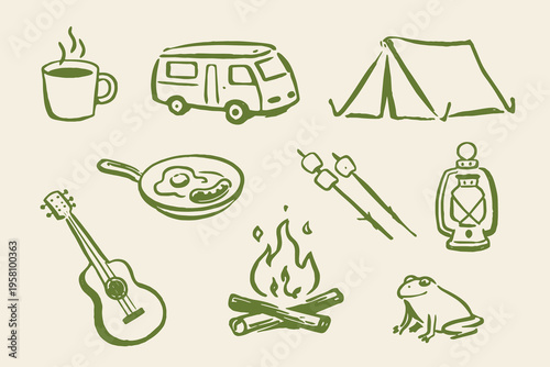 Camping doodle icon set hand drawn vector illustration