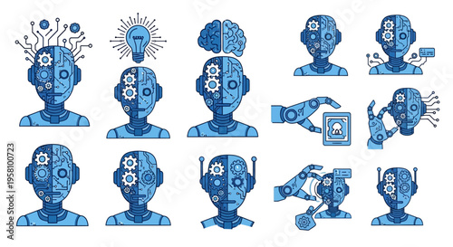 Blue robotic human head with gears.