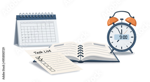 Desk clock and daily planner organization.