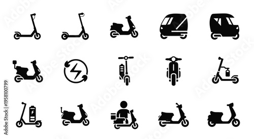 Electric scooter icons set isolated on white background. collection of e-scooter sign, electric bike, micro mobility, personal transporter, charging station vector illustration