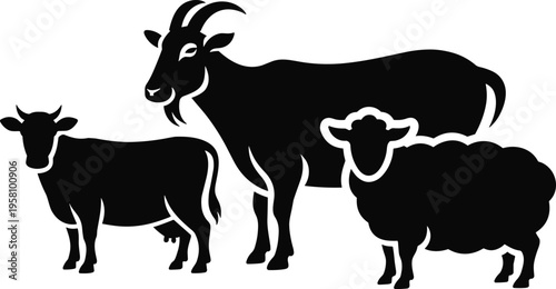 Black silhouette illustration of cow, goat, and sheep farm animals representing agriculture, livestock, dairy, meat, wool, and rural farming.