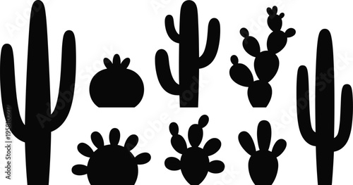 Black silhouette illustration of diverse cactus plants featuring saguaro, prickly pear, and desert species, emphasizing unique shapes and natural forms.
