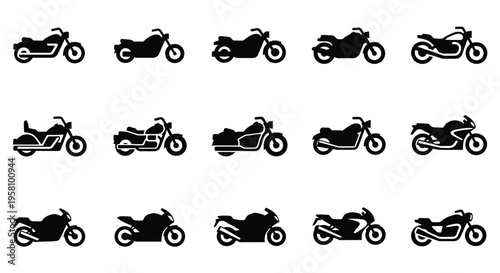 Motorcycle icons set isolated on white background. collection of classic bike sign, cruiser motorbike, sport bike, touring motorcycle, chopper vector illustration