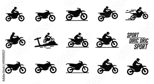 Dirt bike icons set isolated on white background. collection of motocross motorcycle icon, enduro motorbike sign, rider with helmet, motorcycle jump, off road bike vector illustration