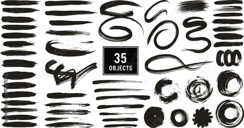 Large collection of black ink brush strokes hand drawn artistic charcoal textures paint dabs and grungy swirl elements for creative graphic design projects.