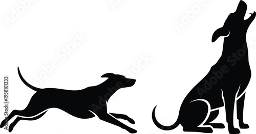 Minimalist black silhouette vector illustration of dogs showing running and sitting poses with dynamic motion and expressive canine behavior design collection