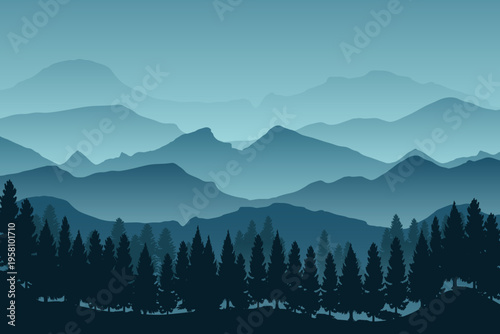 Mountains and ridge panorama silhouette background. Morning pine trees landscape illustration.