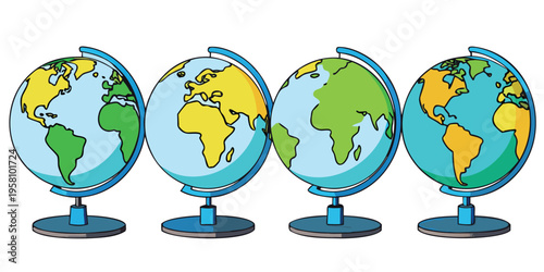Different views of globes showing Earth's continents and oceans