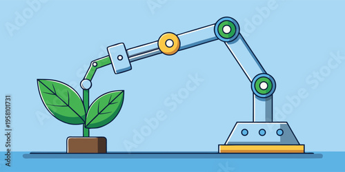 A robot arm is shown watering a small plant in a pot