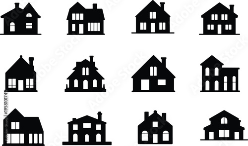 Set of twelve black house silhouettes with different architectural designs isolated on white background, vector illustration for real estate concept