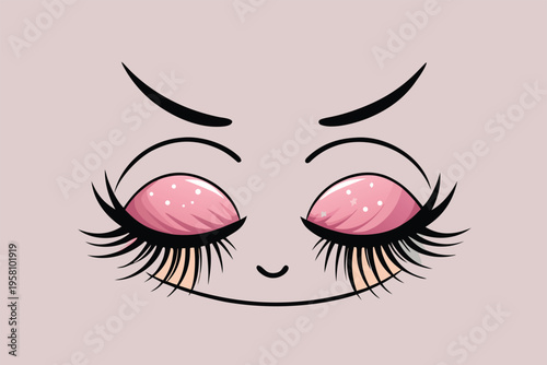 Cute vector illustration of a face with big pink eyes and lashes