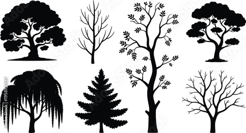 Silhouette vector illustration of diverse trees including pine, willow, leafless branches, and foliage designs for forest nature landscape icons