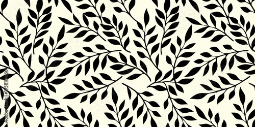 Elegant black leaves create a seamless repeating botanical pattern