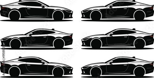 Stylized black silhouette vector illustration of modern sports coupe car side profiles showing aerodynamic design variations with highlights and contours