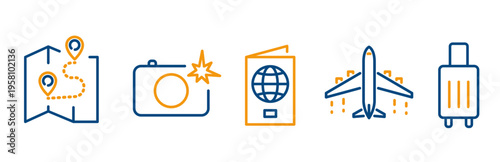 travel icons, featuring an airplane, camera, passport, travel route, flight baggage, tourism outline icon set