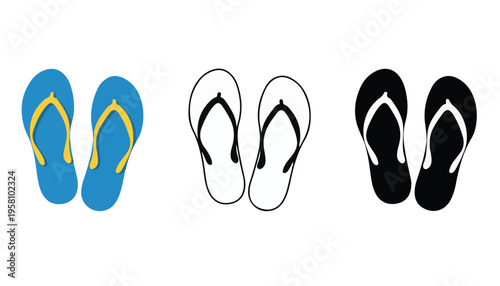 Set of flip flop sandals icons in multiple styles, colorful and outline variations, summer footwear illustration isolated on white background, beach fashion, casual lifestyle concept design
