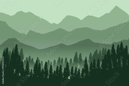 Mountains and ridge panorama silhouette background. Beautiful peak view. Morning pine trees landscape illustration.