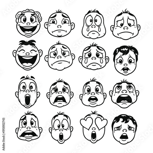 Cartoon faces with various emotions and expressions