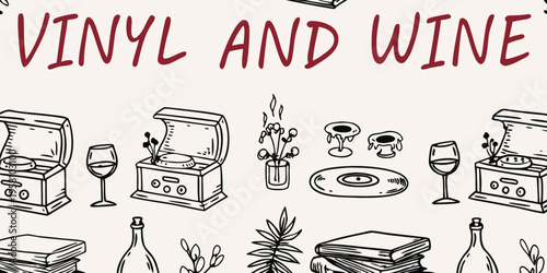 A whimsical illustration featuring vinyl records wine glasses and vintage elements
