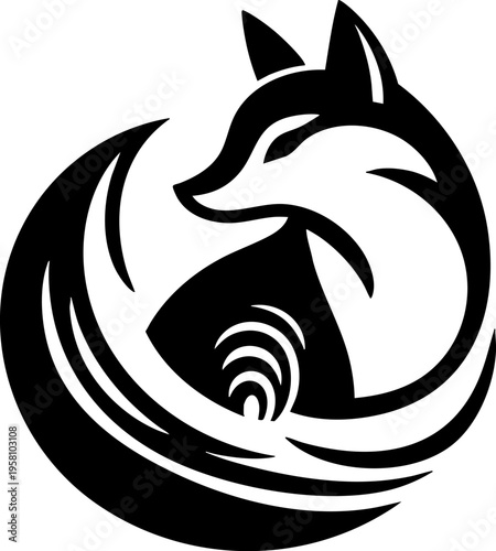 Circular fox vector logo, Japanese kitsune inspired black and white art. Minimalist stylized fox silhouette in a circle, graphic animal design