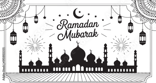 Ramadan Mubarak celebration with mosque silhouette and lanterns on white background