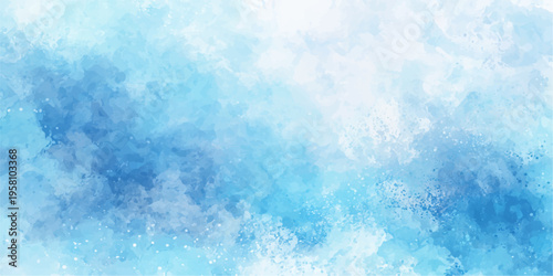 Abstract blue watercolor background with a cold frozen ice texture and soft white cloud patterns reminiscent of a fresh winter sky and splash of nature
