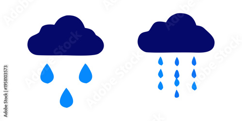 A comprehensive weather forecast icon set featuring blue cloud symbols and rain illustrations for web design and data communication technology.