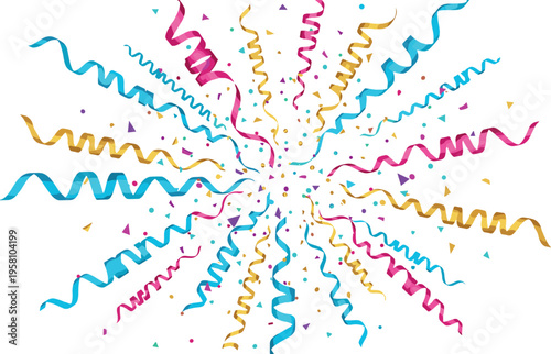 Colorful confetti explosion with curling ribbons and festive streamers radiating outward isolated on white background for party celebration decoration and event design