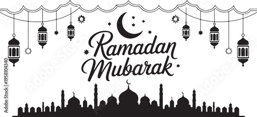 Ramadan Mubarak greeting card with mosque silhouette and lanterns hanging on a string