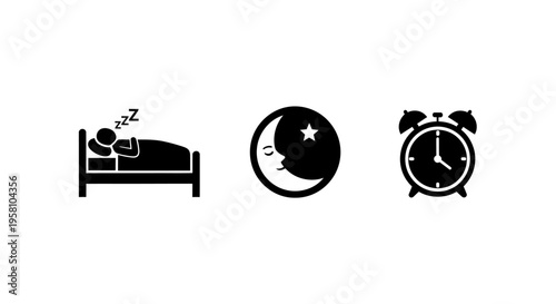 A person sleeping in bed with a moon and alarm clock