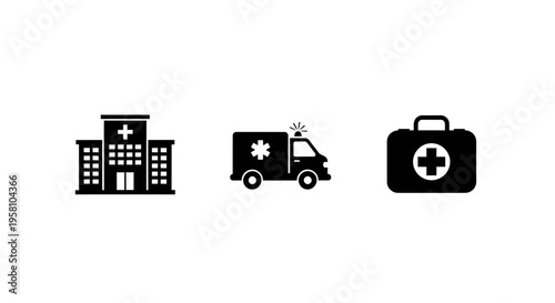 Medical icons including a hospital, ambulance, and first aid kit