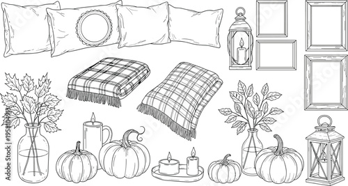 Cozy Fall Decor Collection Featuring Pillows, Blankets, Pumpkins, Lanterns, and Candles in Black and White Sketch Style