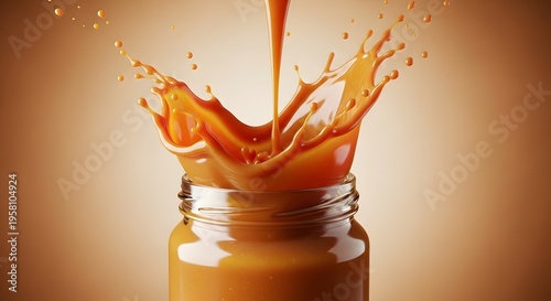 Delicious Caramel Pouring into a Glass Jar with Splashes and Droplets.