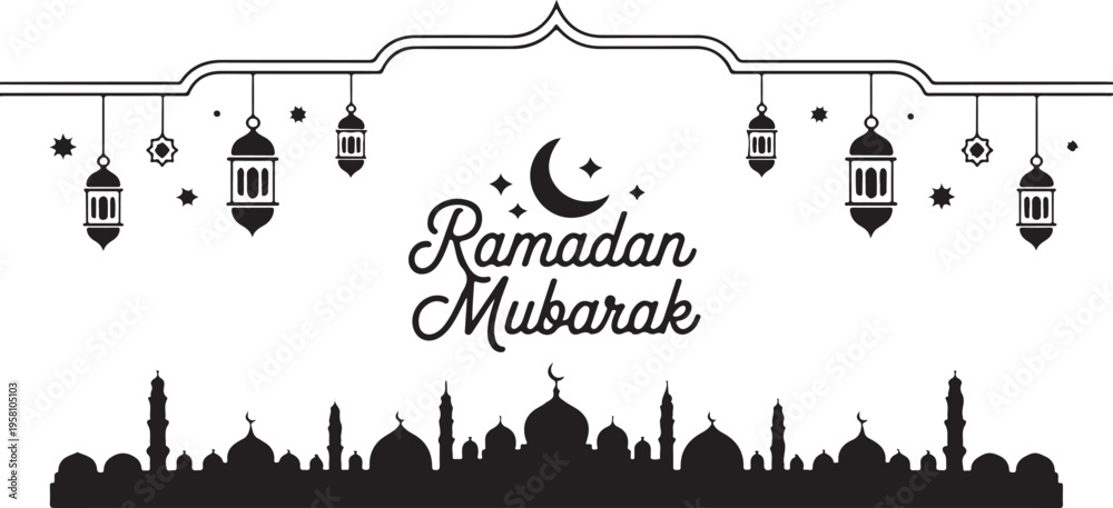Obraz premium Ramadan Mubarak greeting card with mosque silhouette and lanterns hanging on strings