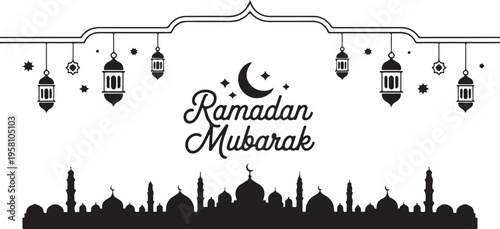 Ramadan Mubarak greeting card with mosque silhouette and lanterns hanging on strings