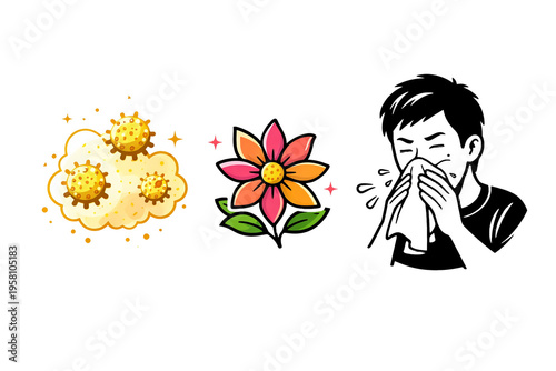 Allergy Concept Illustration – Pollen, Flower and Sneezing Person isolated on transparent background