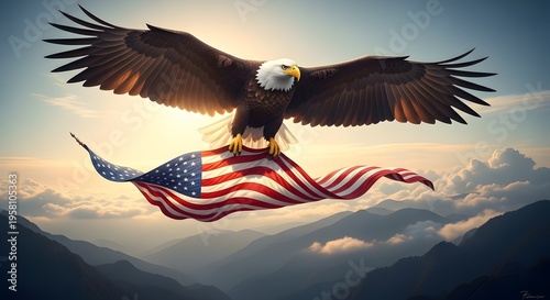 Majestic Bald Eagle Soaring with American Flag.