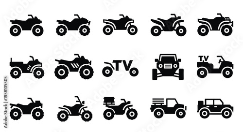 Off road atv and quad bike icon set illustrating all terrain vehicles and utility transport for rugged adventures and outdoor recreation branding in black solid silhouettes for web and print design