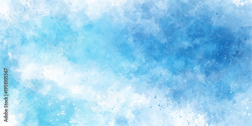 An abstract blue watercolor and grunge background featuring soft winter clouds and icy snowflake textures for a serene nature wallpaper