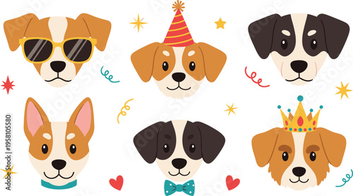Cute dog faces set with funny expressions accessories and party elements, cartoon puppy portraits flat vector illustration collection for pet design