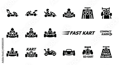 Go kart racing icon set and typography showing driver silhouettes in fast karts for motor sports competition and recreational track activities in professional black vector style for logo design use